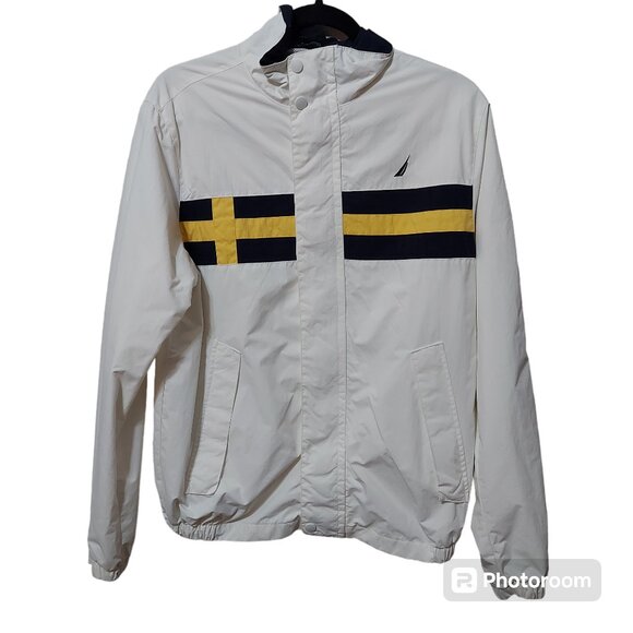 Nautica Embroidered Logo Flag White Navy Blue Yellow Zipper Windbreaker Jacket - Picture 1 of 12